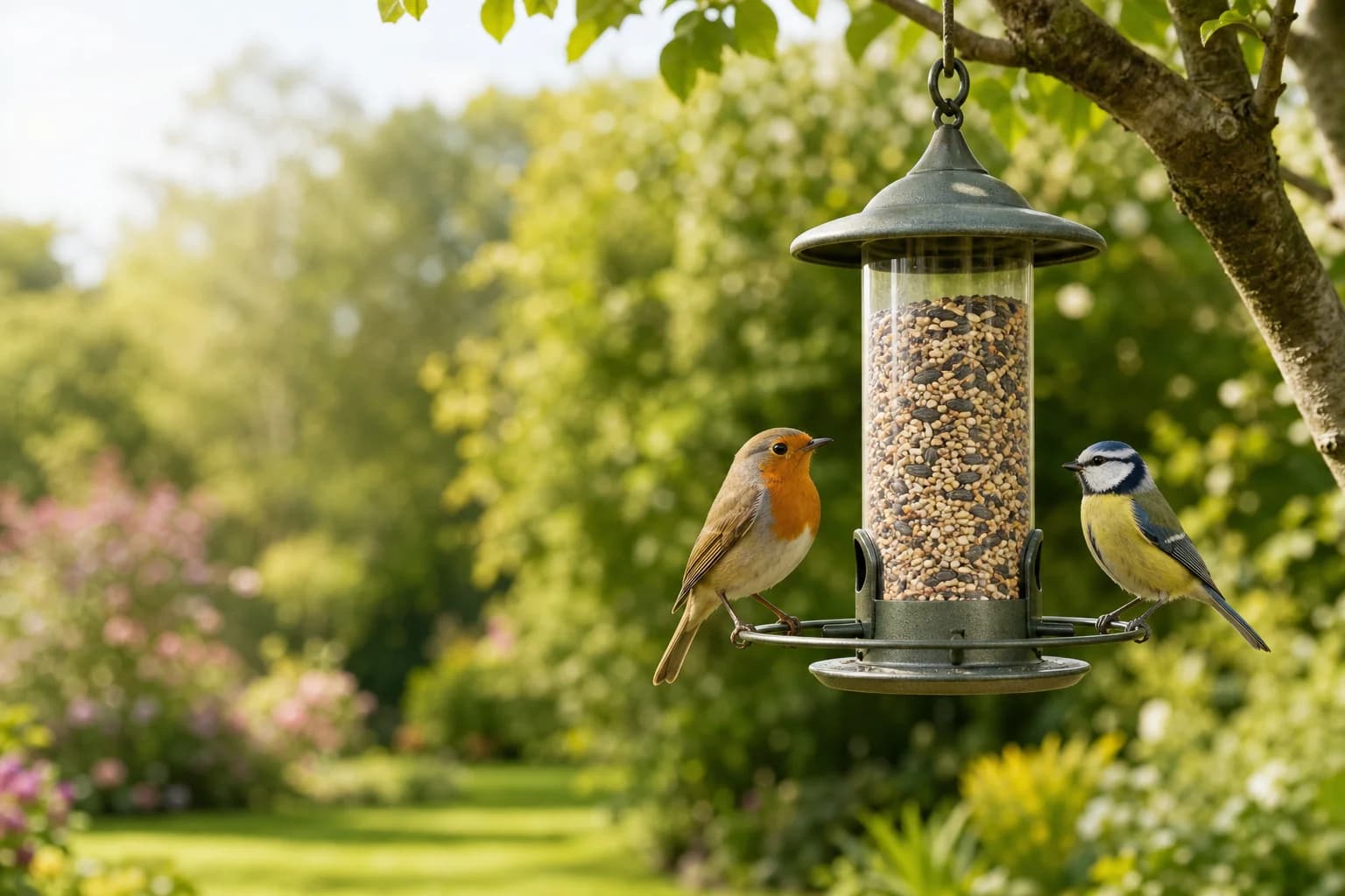 A hanging bird feeder in a sunny garden with a robin and a blue tit