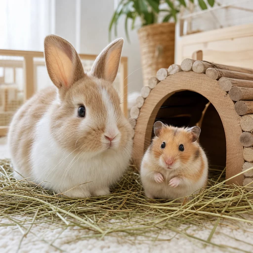 A rabbit and a hamster resting on hay